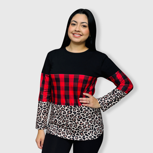 Color Block Red Plaid Cheetah Top