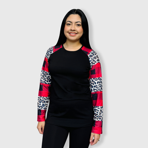 Color Block Sleeve Black Plaid Cheetah Top