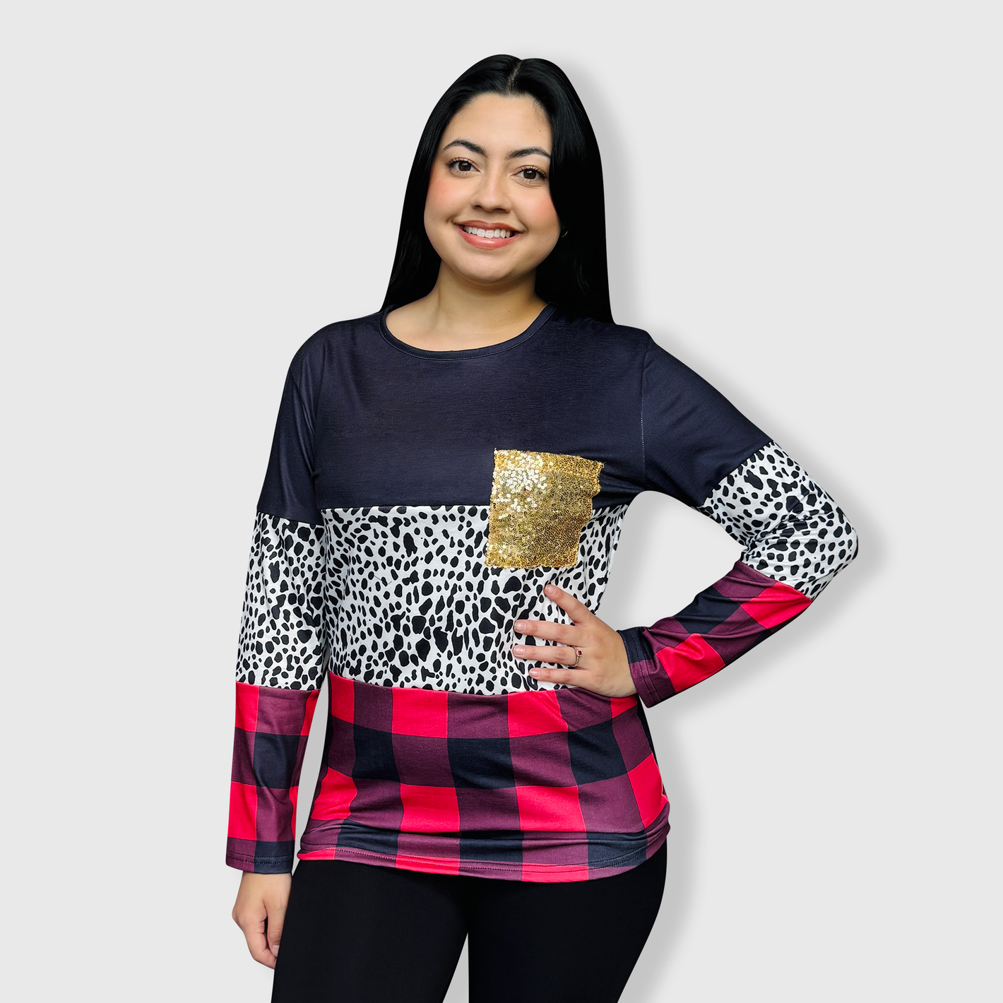 Color Block Black Cow Plaid Sequin Top