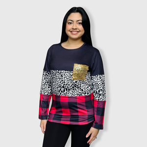 Color Block Black Cow Plaid Sequin Top