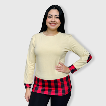 Color Block Beige Red Plaid Top