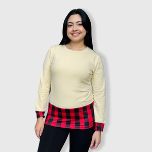 Color Block Beige Red Plaid Top