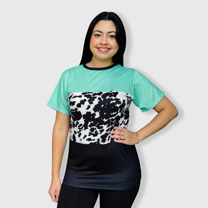 Color Block Cow Black Mint Top