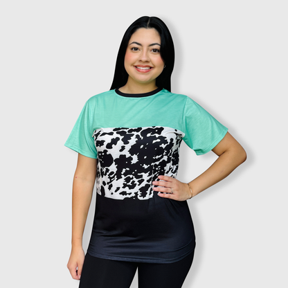 Color Block Cow Black Mint Top