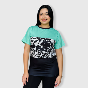 Color Block Cow Black Mint Top