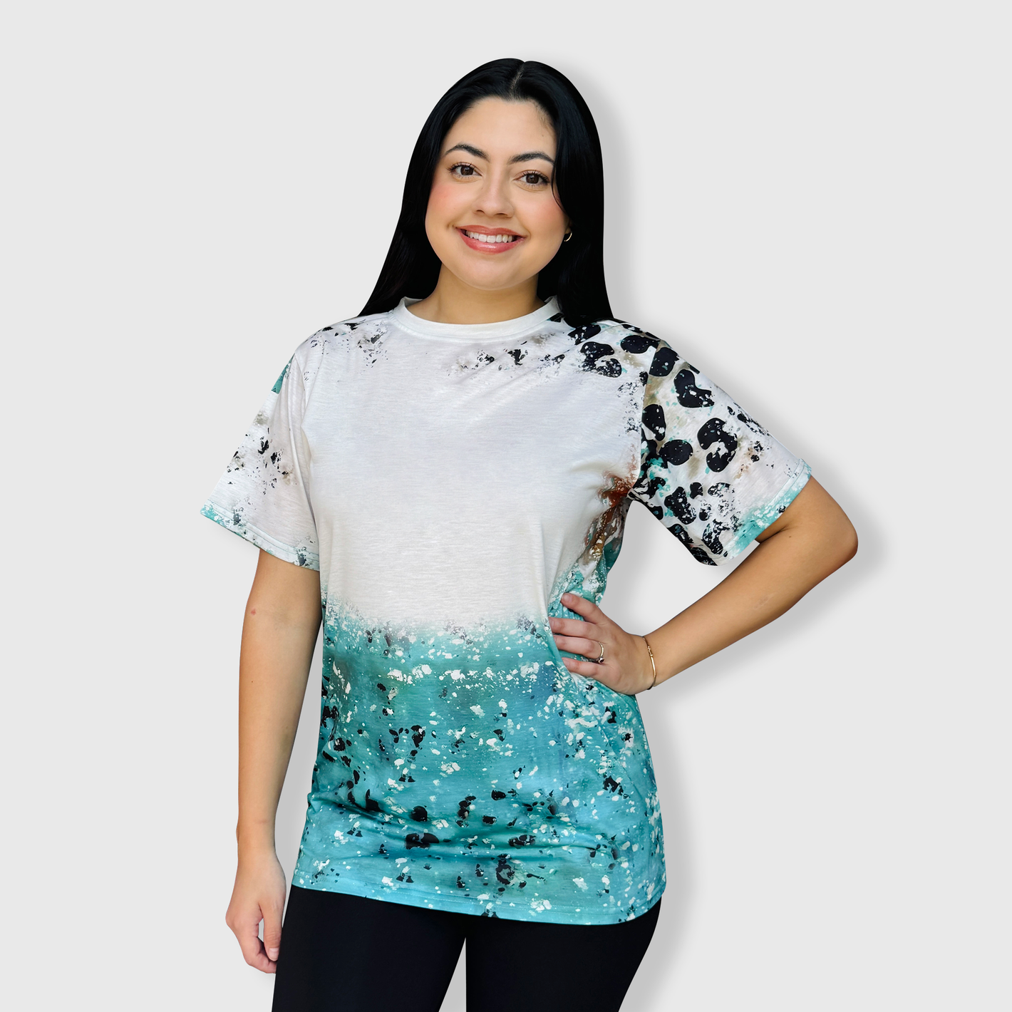 Cheetah Turquoise White Shaded Blank Faux Bleached Top