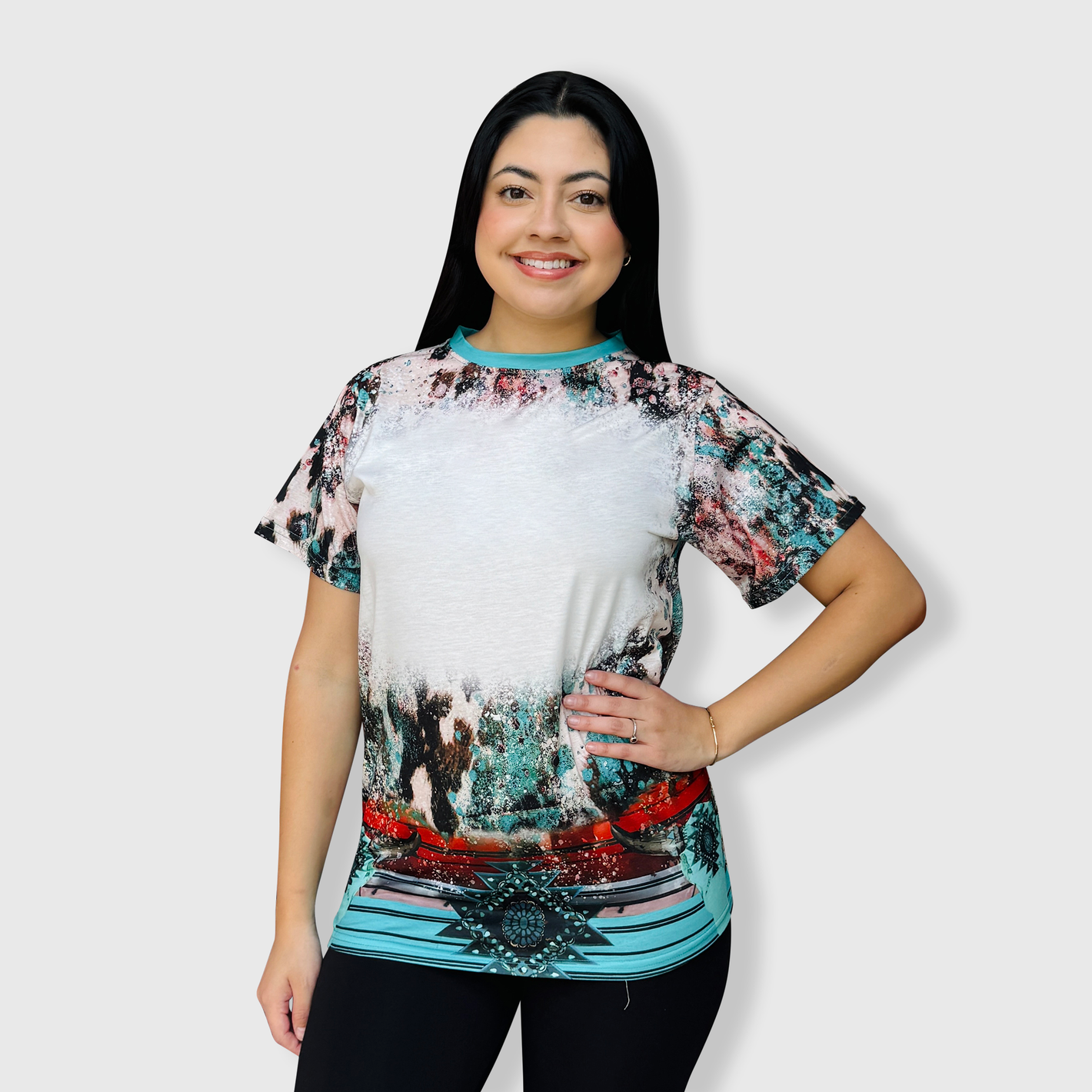 Turquoise Cow Aztec Serape Blank Faux Bleached Top