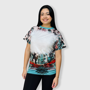 Turquoise Cow Aztec Serape Blank Faux Bleached Top