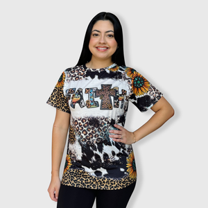 Faith Sunflower Cheetah Cow Faux Bleached Top