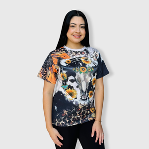 Sunflower Black Steer Skull Bleached Top