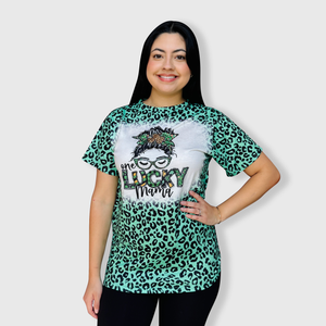 St. Patricks Lucky Mama Green Cheetah Faux Bleached Top