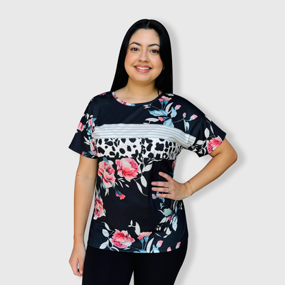 Floral Black Striped Cow Top