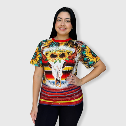 Serape Sunflower Steer Skull Bleached Top