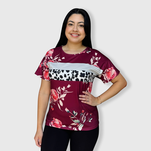 Floral Burgundy Striped Cow Top