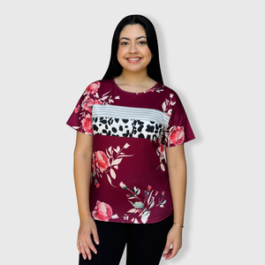 Floral Burgundy Striped Cow Top