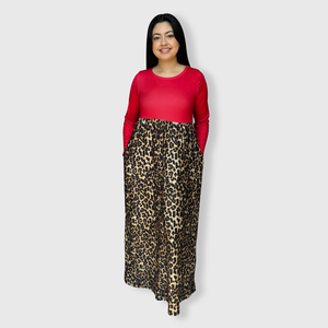 Cheetah Red Long Sleeve Maxi Dress Women