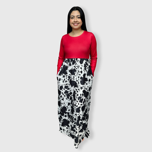 Cow Red Long Sleeve Maxi Dress Women