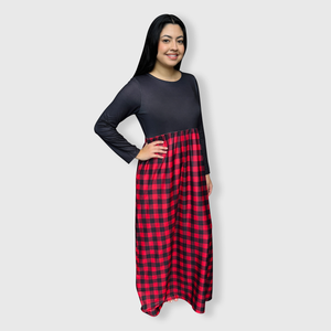 Plaid Red Black Long Sleeve Maxi Dress Women