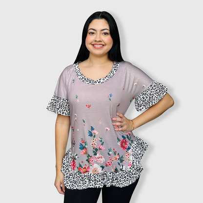 Floral Cheetah Gray Tunic Top