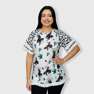 Rodeo Horse White Cheetah Tassel Tunic Top