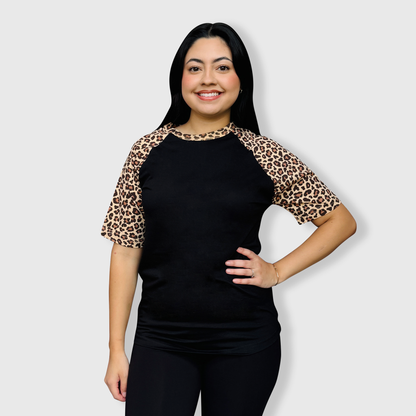 Cheetah Animal Print Short Sleeve Black Top