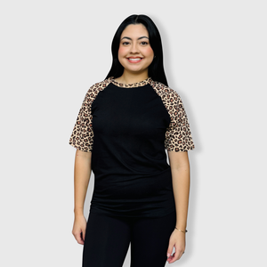 Cheetah Animal Print Short Sleeve Black Top