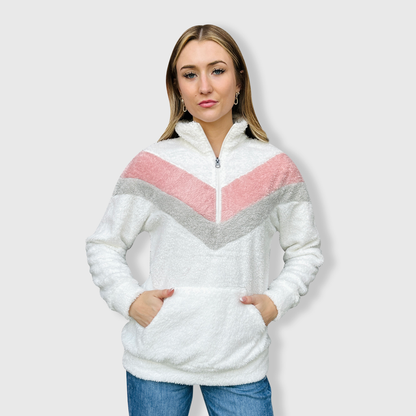 Sherpa V-Pannel Pink White Pullover Women