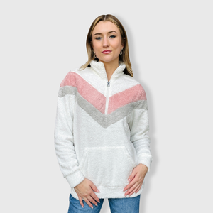 Sherpa V-Pannel Pink White Pullover Women