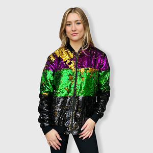 Mardi Gras Color Block Sequin Bomber Jacket