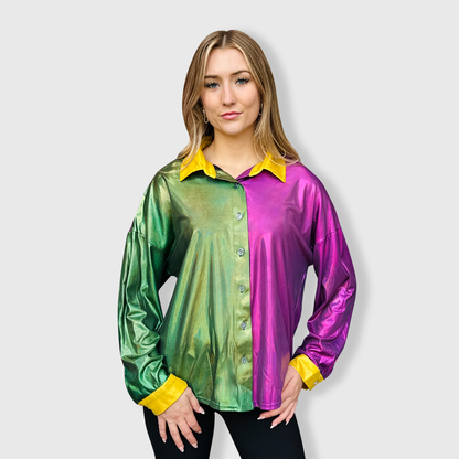 Mardi Gras Metallic Button Down Top