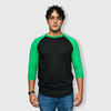 Adult Plain Raglan 3/4 T-Shirt - Black Body - Black/Kelly Green