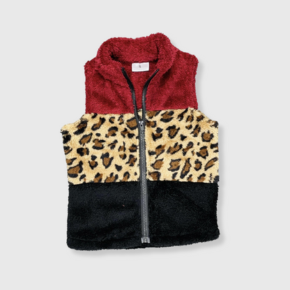 Sherpa Color Block Cheetah Burgundy Vest Kids