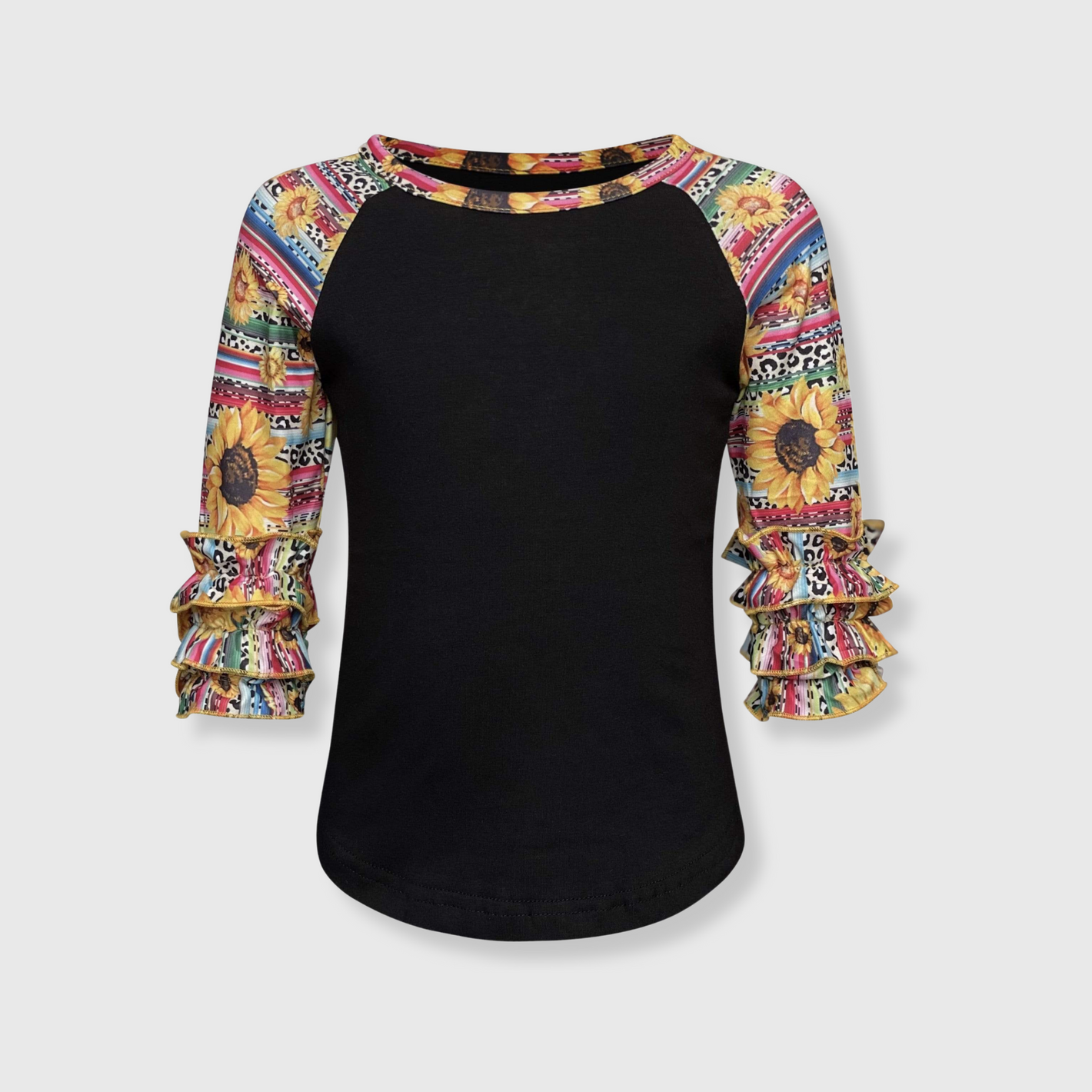 Serape Sunflower Cheetah Black Ruffle Raglan Kids