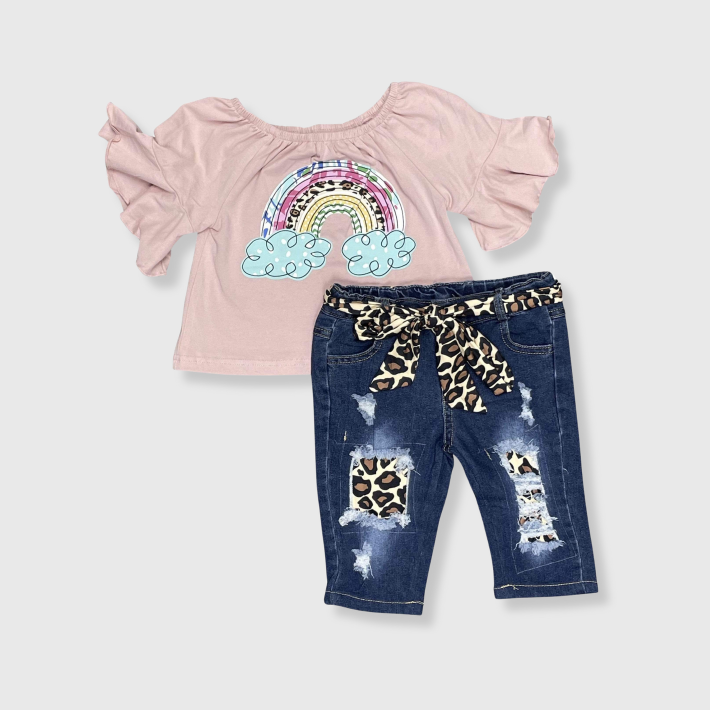 Cloud Rainbow Denim Cheetah Capri Outfit Kids