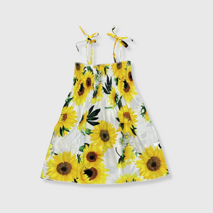 Girl's Ruched White Sunflower Sundress