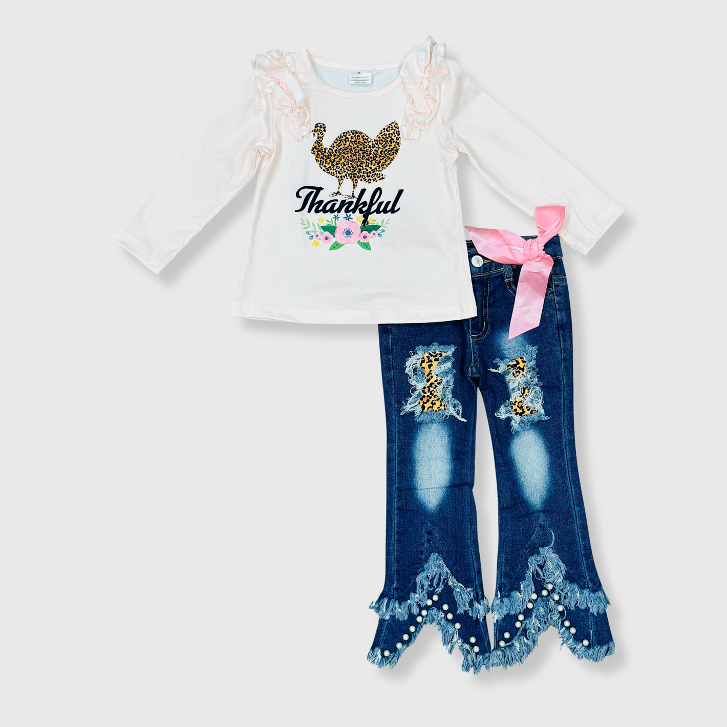 Turkey Thanksgiving Light Pink Denim Outfit Kids