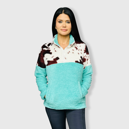 Sherpa Turquoise Brown Cow Pullover Women