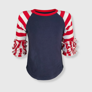 July 4th Striped Navy Red White Ruffle Top Kids