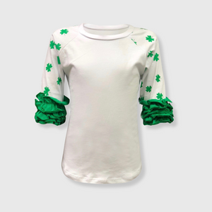 St. Patricks White Shamrock Ruffle Top Kids