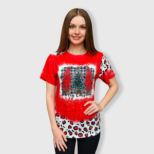 Merry Christmas Red Cheetah Short Sleeve Top