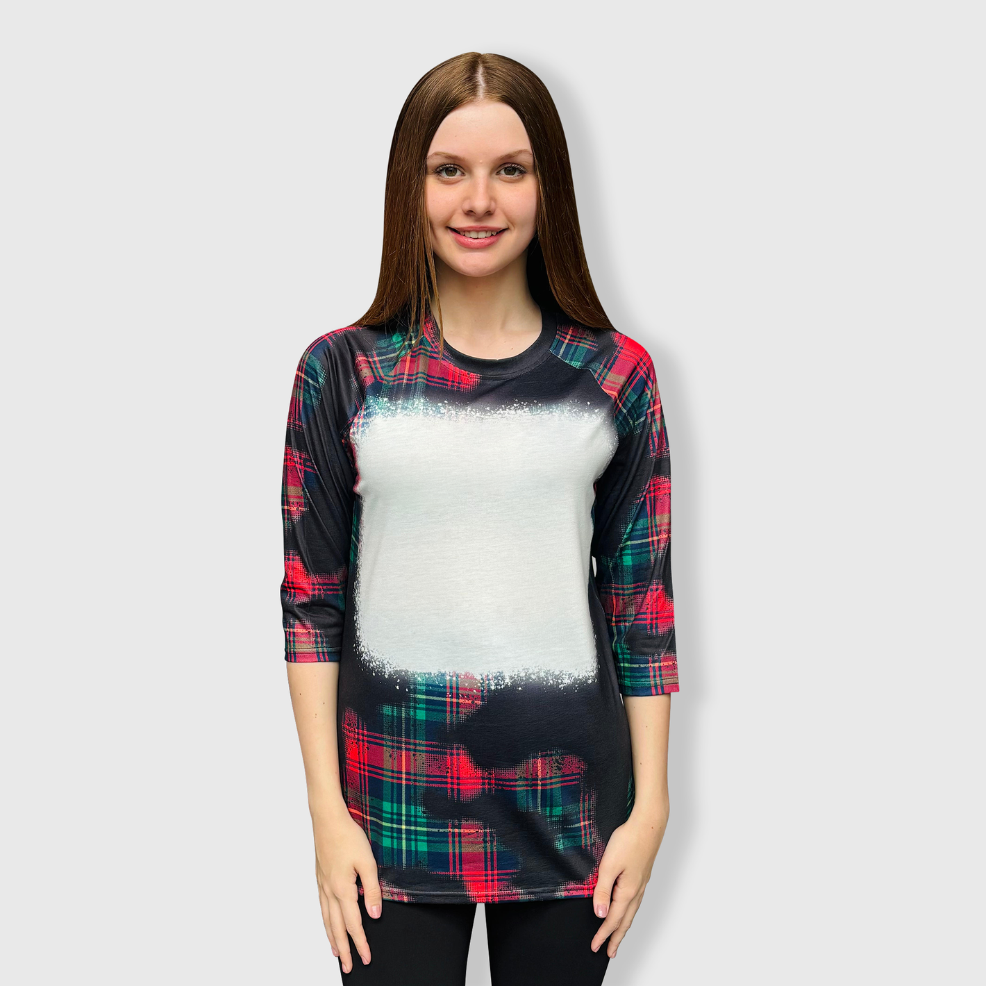 Buffalo Plaid Red Green Raglan Blank Faux Bleached Top (Black)