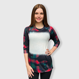 Buffalo Plaid Red Green Raglan Blank Faux Bleached Top (Black)