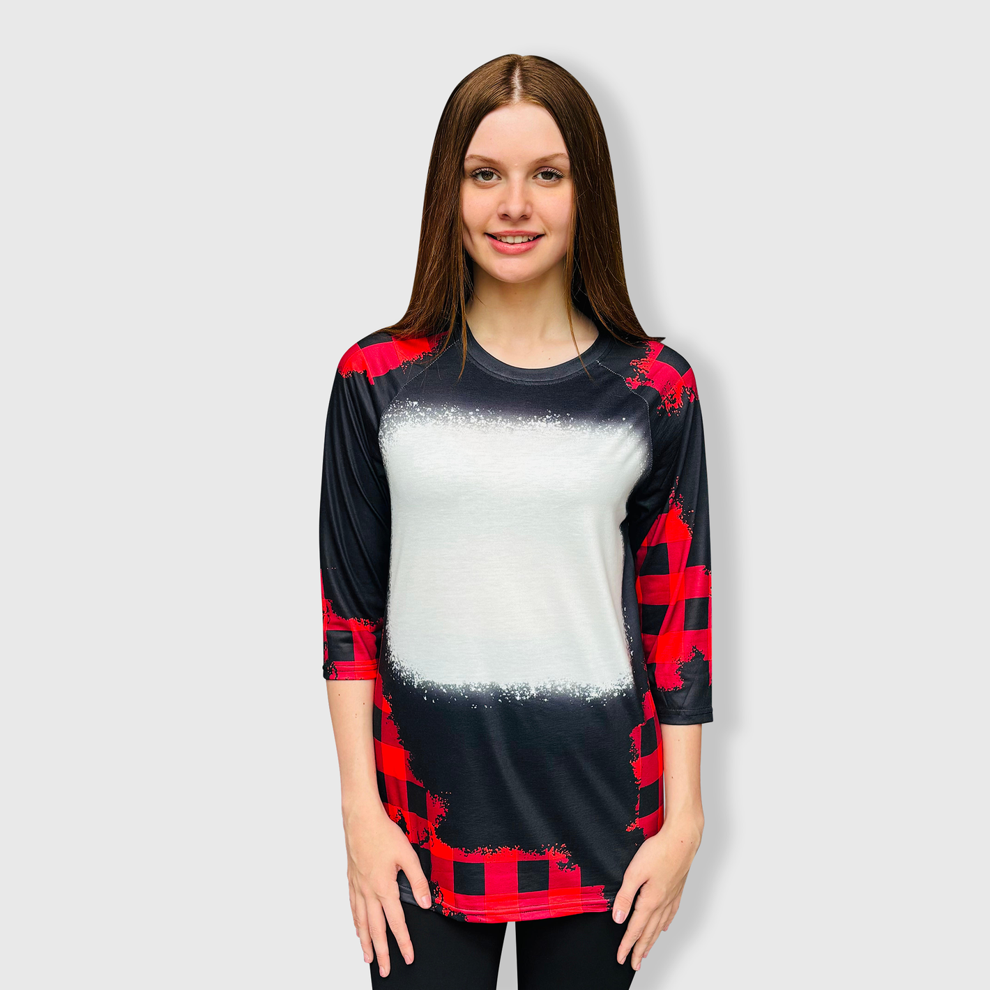 Buffalo Plaid Black Red Raglan Blank Faux Bleached Top