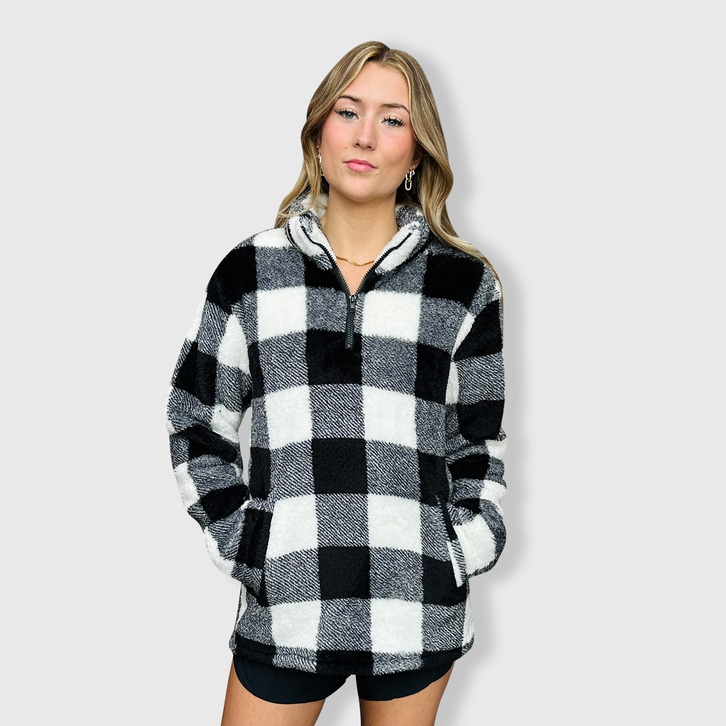 Sherpa Black White Plaid Pullover Women