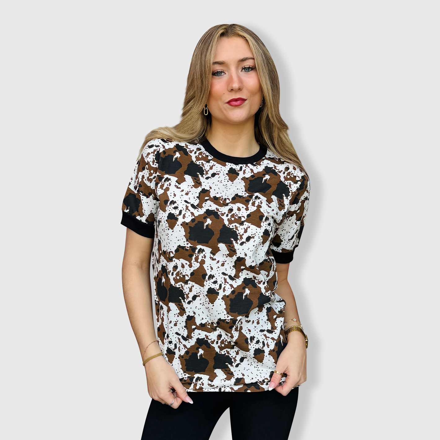 Cow Brown Black Short Sleeve Top