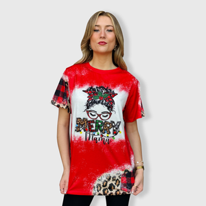 Merry Mama Red Plaid Cheetah Short Sleeve Top