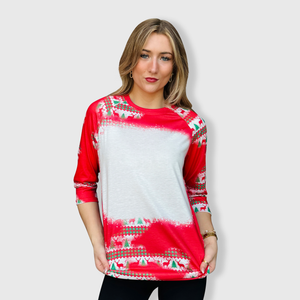 Christmas Red Reindeer Trees Raglan Blank Faux Bleached Top