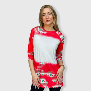 Christmas Red Reindeer Trees Raglan Blank Faux Bleached Top