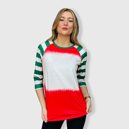 Red Green Candy Cane Raglan Blank Faux Bleached Top