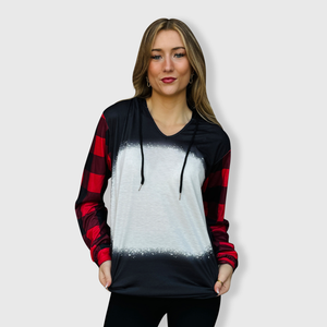 Buffalo Plaid Black Red Hoodie Blank Faux Bleached Top